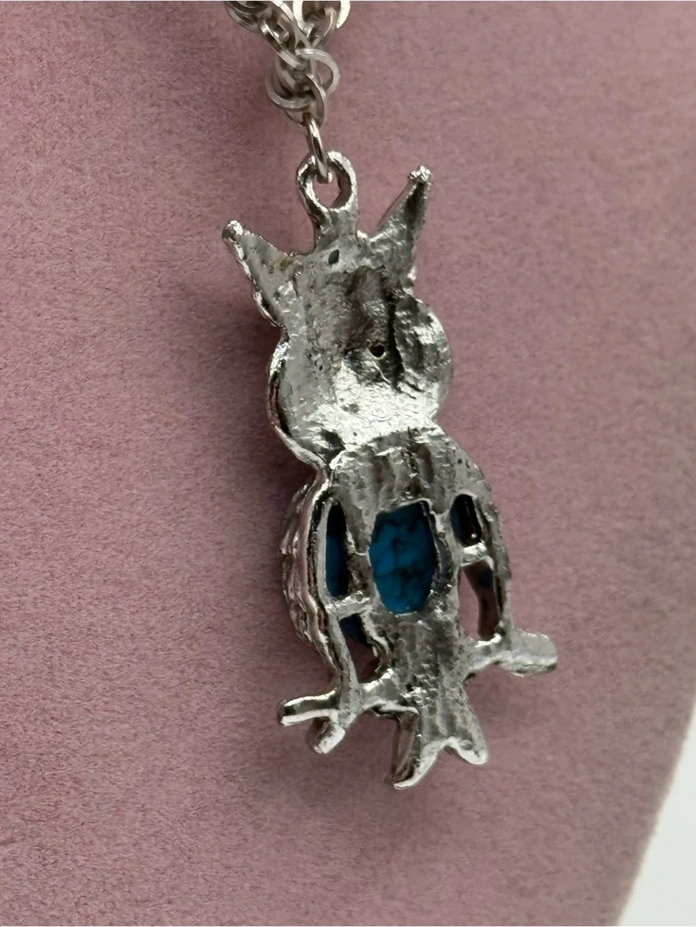 Silver tone Owl Pendant Necklace with Blue Stone
